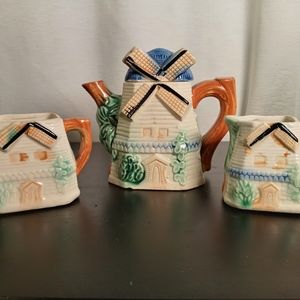 Vintage Windmill Cottage Ware. Porcelain Ceramic Teapot w/ Lid Sugar & Creamer